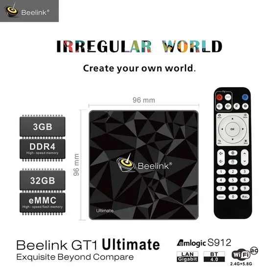 BEELINK GT1 ULTIMATE МУЛТИМЕДИЯ ПЛЕЪР S912, SMART ANDROID TV BOX, 3/32 GB, 4K60P, LAN 1GB, 2XWIFI, BT 4.0