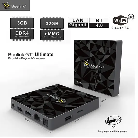 BEELINK GT1 ULTIMATE МУЛТИМЕДИЯ ПЛЕЪР S912, SMART ANDROID TV BOX, 3/32 GB, 4K60P, LAN 1GB, 2XWIFI, BT 4.0