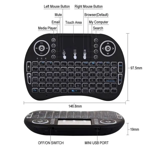 БЕЗЖИЧНА МИНИ КЛАВИАТУРА I8 СВЕТЕЩА LI-ION, TOUCHPAD, USB ЗА КОМПЮТЪР, ЛАПТОП, СМАРТ ТВ, TV BOX